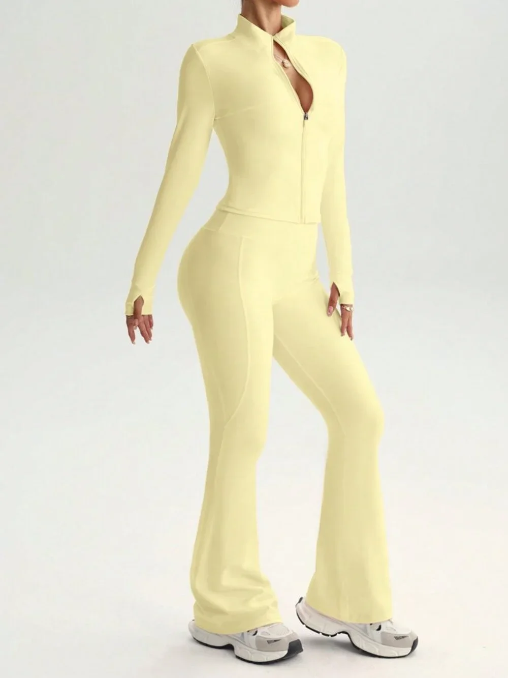 Yellow Slim Women's Zipper Fly Plain Stand Collar Athletic Set